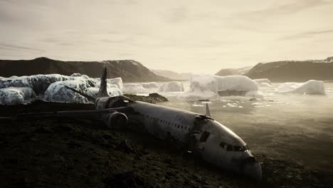 old broken plane on the beach of iceland