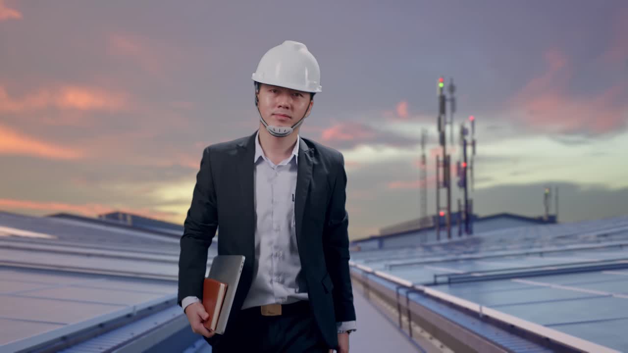 Frontalt billede af asiatisk forretningsmand, der holder en computer, mens han går på et industrielt tag med solpaneler.
