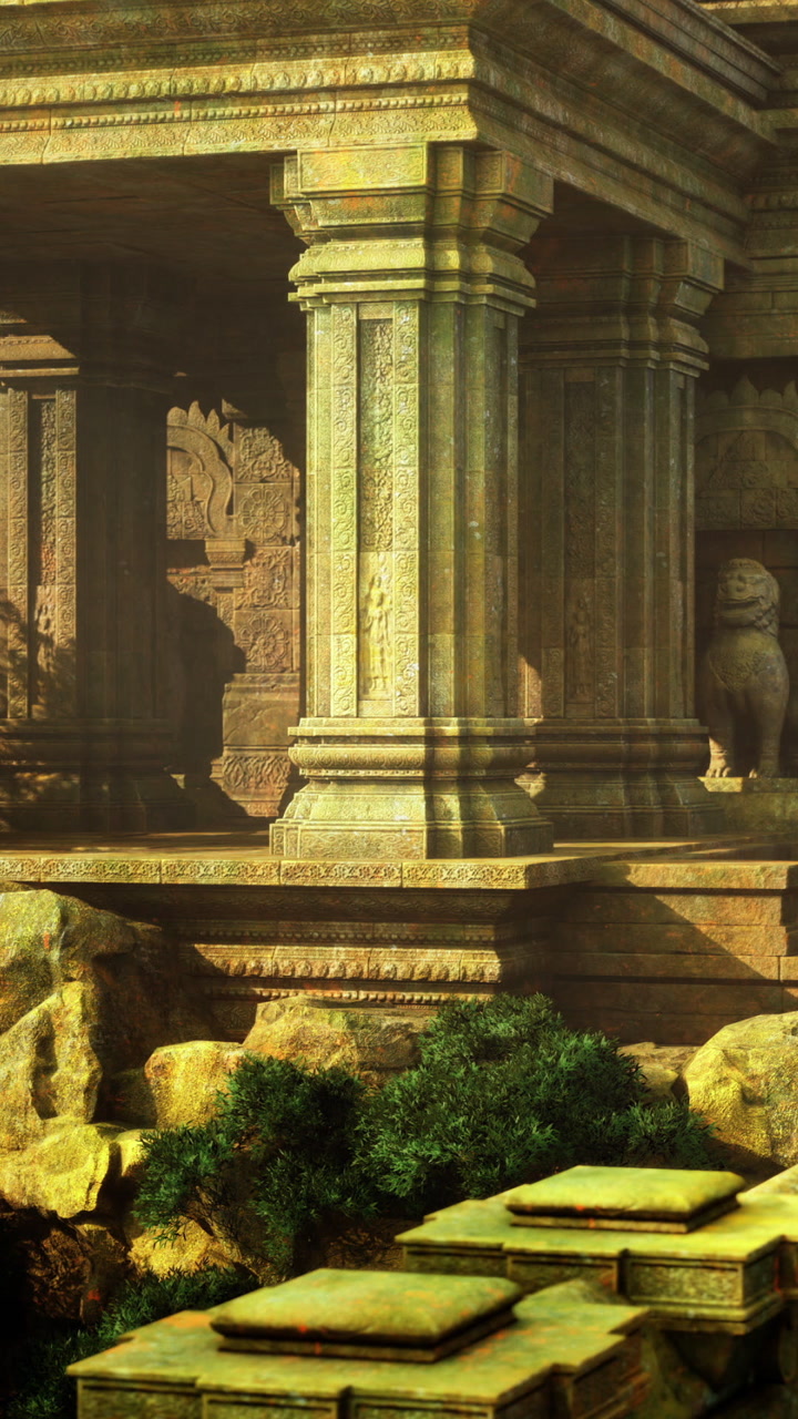 Ancient temple ruins bathed in golden sunlight amidst lush greenery