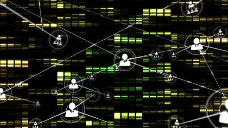 animación de la red de conexiones con iconos sobre columnas móviles sobre fondo negro