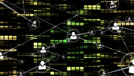 animation of network of connections with icons over moving columns on black background