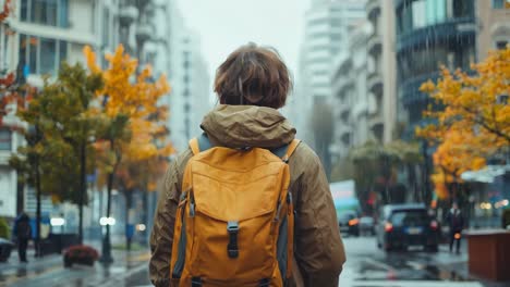 a person with a backpack walking down a city street