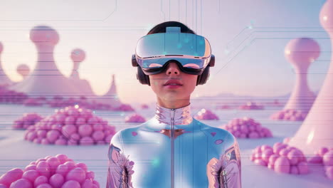 woman in vr headset exploring a futuristic metaverse