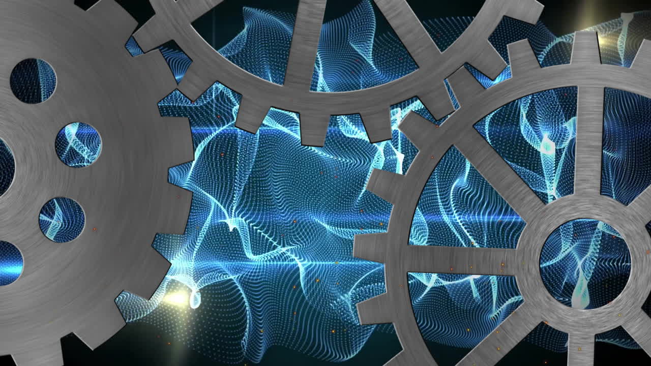 Three brushed-steel gears spinning over blue mesh emitting amber sparks and glowing lens flare