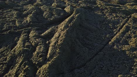 aerial top down orbit of eldhraun lava fields in iceland during sunset