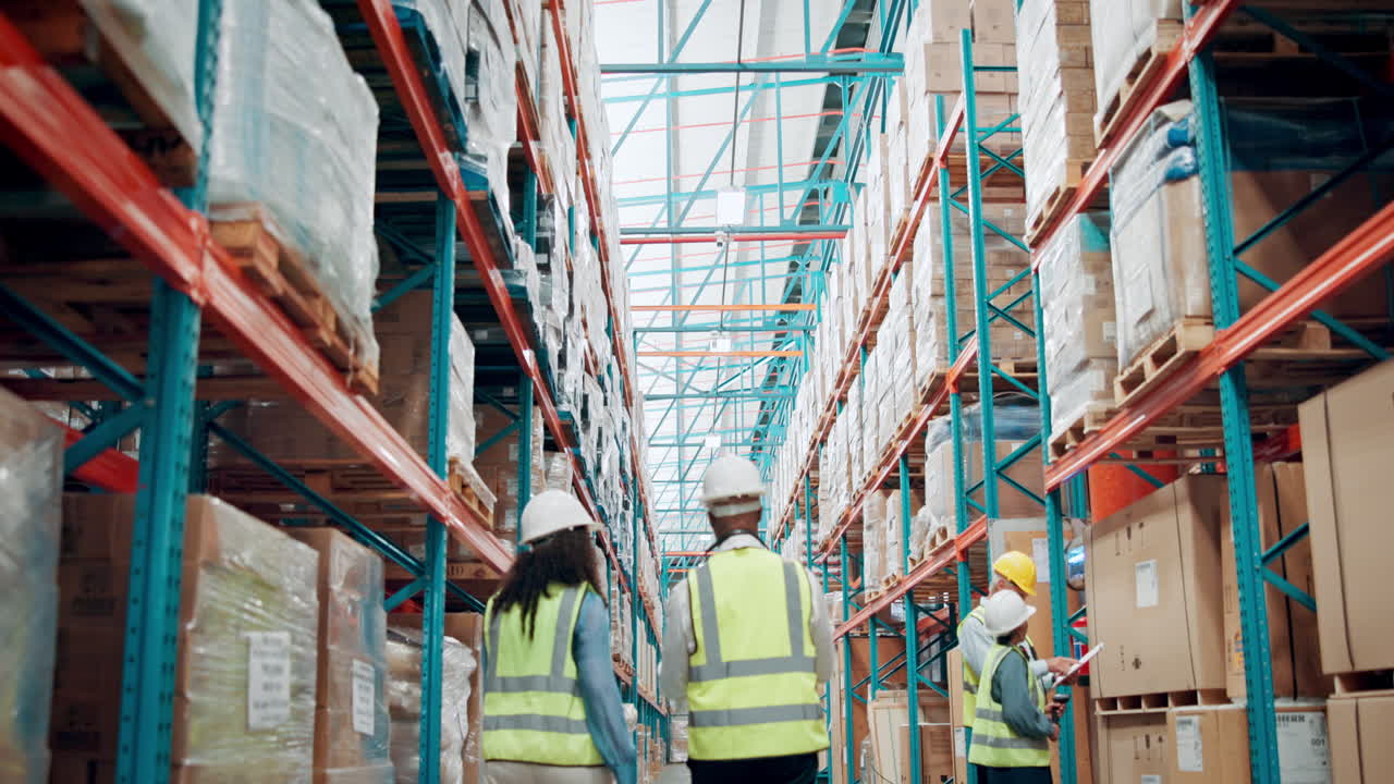 Logistics Team Walking and Inspecting Inventory in a Large Warehouse