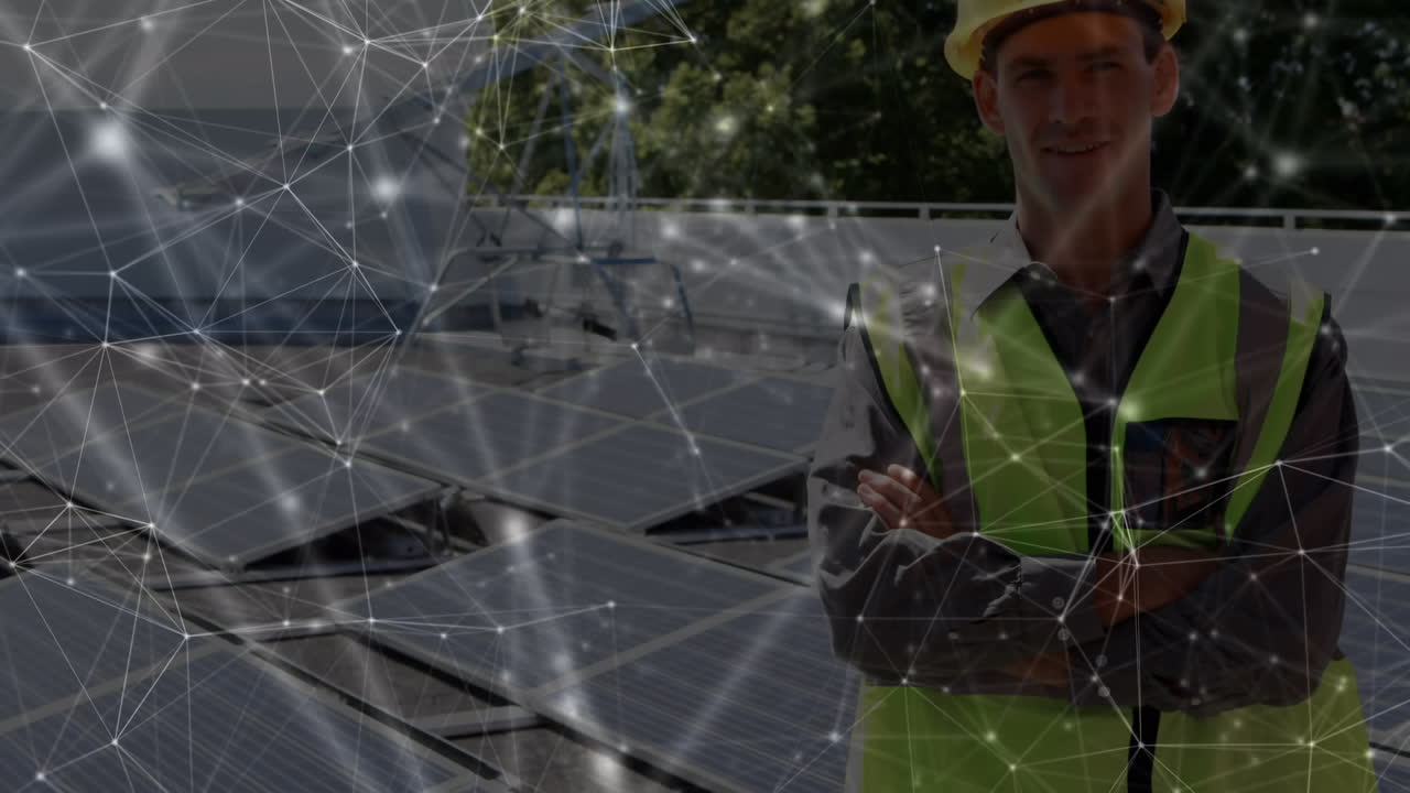 Animation of network of connections over solar panels and male engineer in background