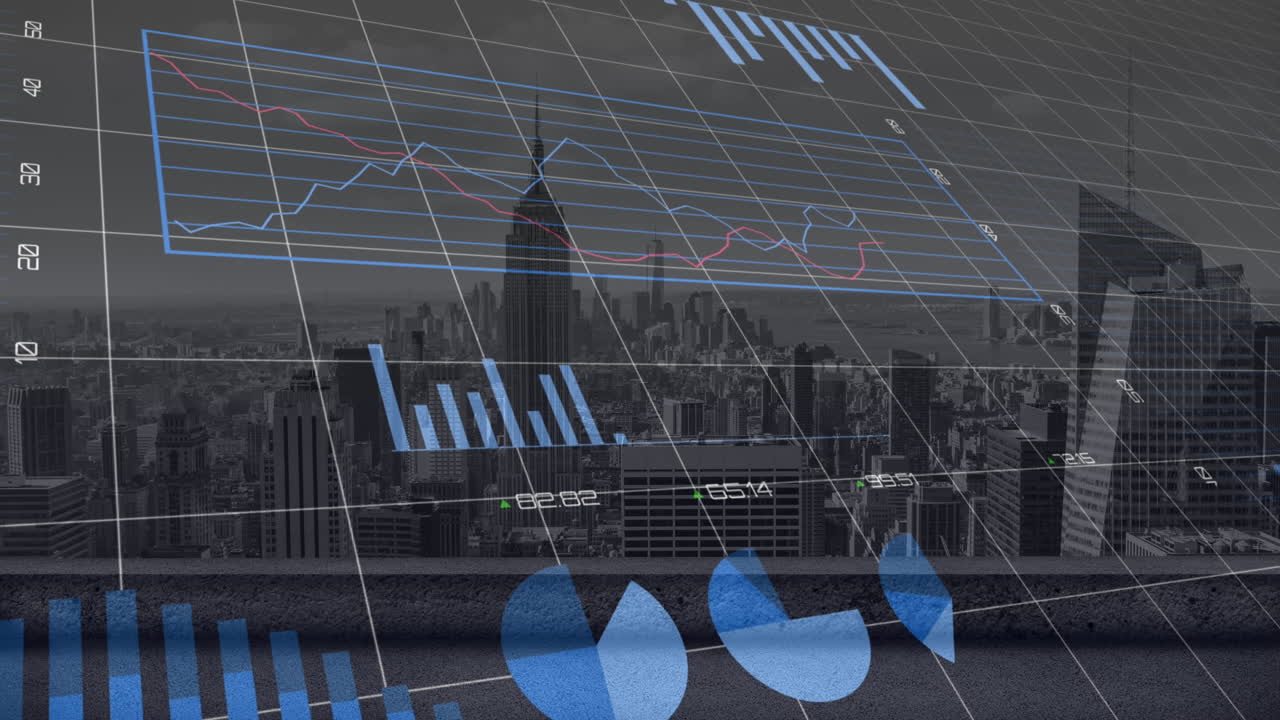 animación del procesamiento de datos estadísticos a través de la red de cuadrícula frente a una vista aérea del paisaje urbano