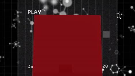animación de cuadrado rojo sobre moléculas en fondo negro y video vintage.