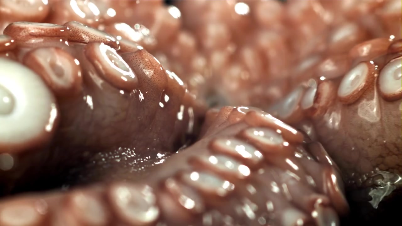 Rohe Oktopus-Tentakel mit sichtbaren Saugnäpfen vor dunklem Hintergrund.