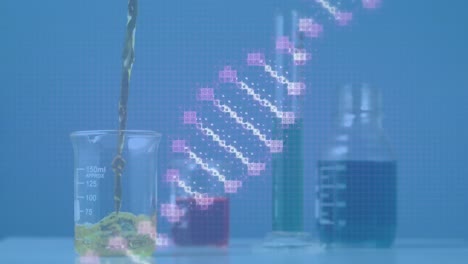 Animation-Der-DNA-Kette-über-Flüssigkeit,-Die-In-Messbecher-Auf-Blauem-Hintergrund-Fließt