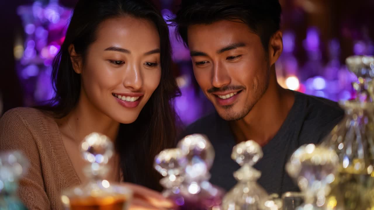 A Couple Exploring Fragrance Bottles in a Magical Setting: Two Frames Capturing Joyful Moments of Discovery and Connection Amidst a Colorful Display of Perfumes and Emotional Expressions