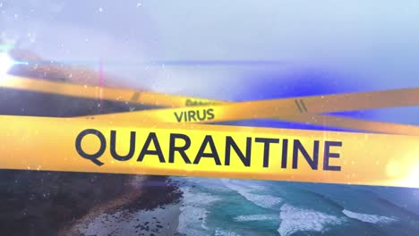 digital composite video of yellow police tapes with danger virus quarantine text against seashore