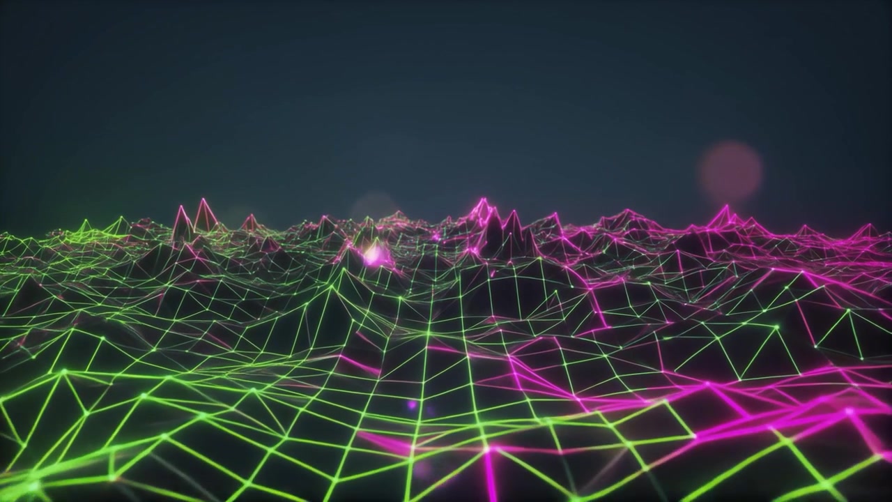 Retro Synthwave Style Digital Landscape with Glowing Neon Wireframe