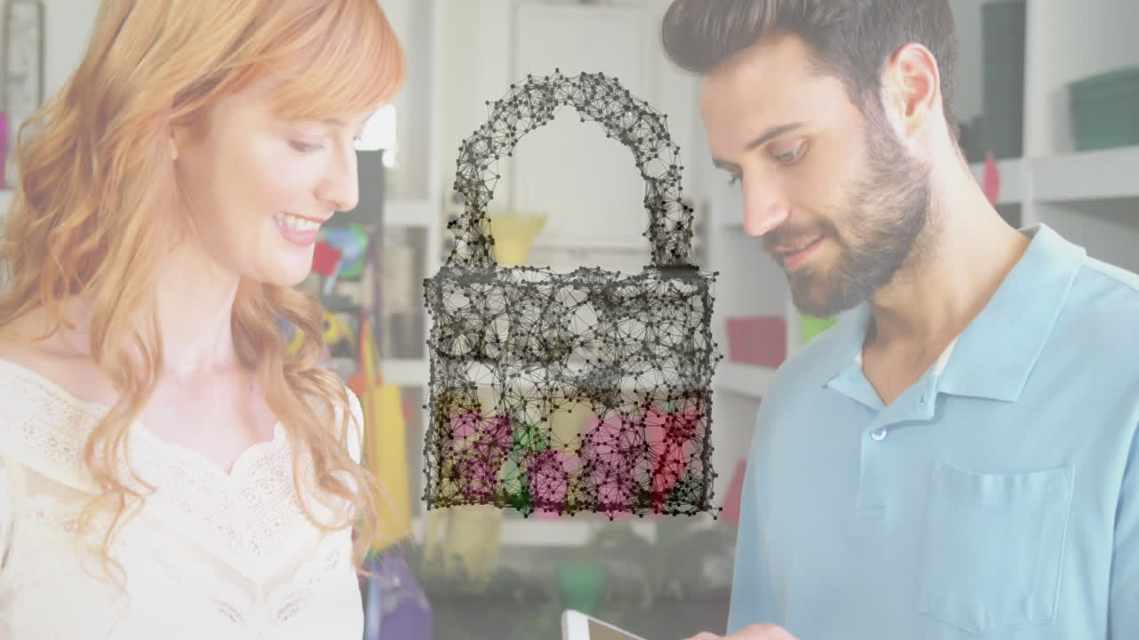 animación del candado de seguridad de la red sobre las personas que utilizan el terminal de pago