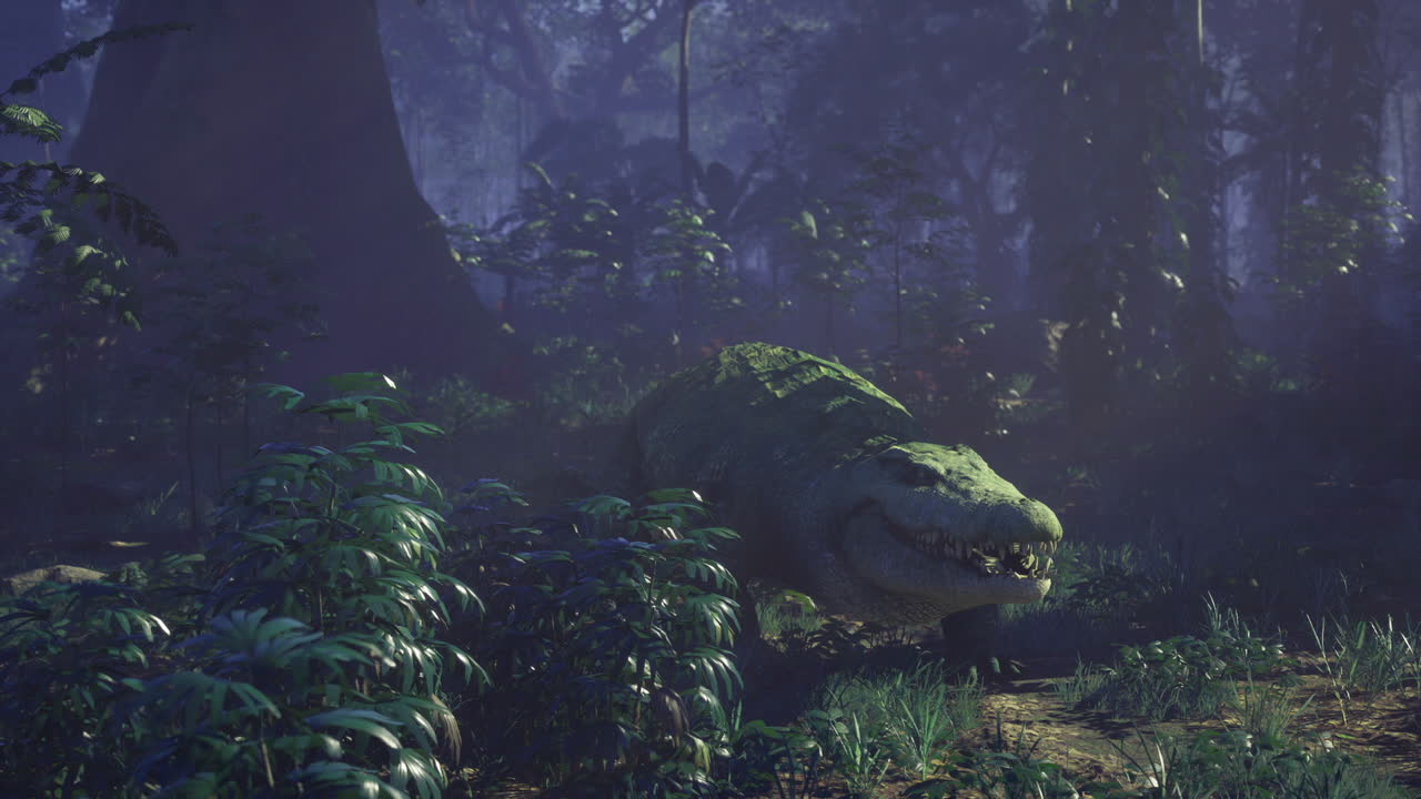Misty evening surrounds cautious crocodile in shadowy wilderness