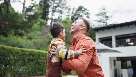 dad, garden and lift boy in air for game