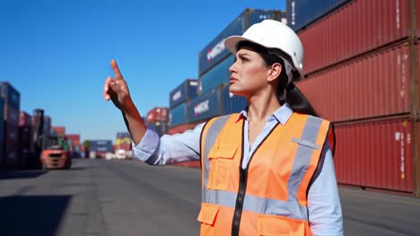 a warehouse safety officer directing operations amidst cargo containers while ensuring compliant safety measures in a busy logistics environment