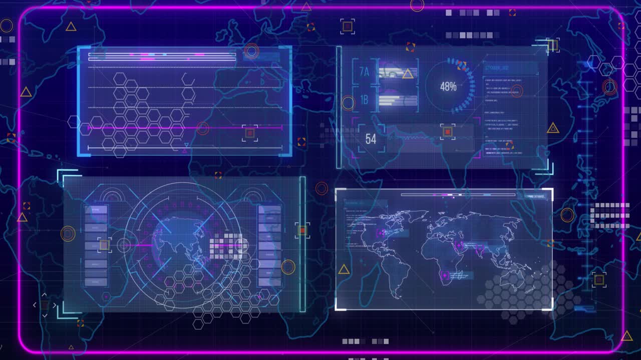 Incoming data updating HUD panels, charts shifting, gauge climbing, nodes clustering showing trends
