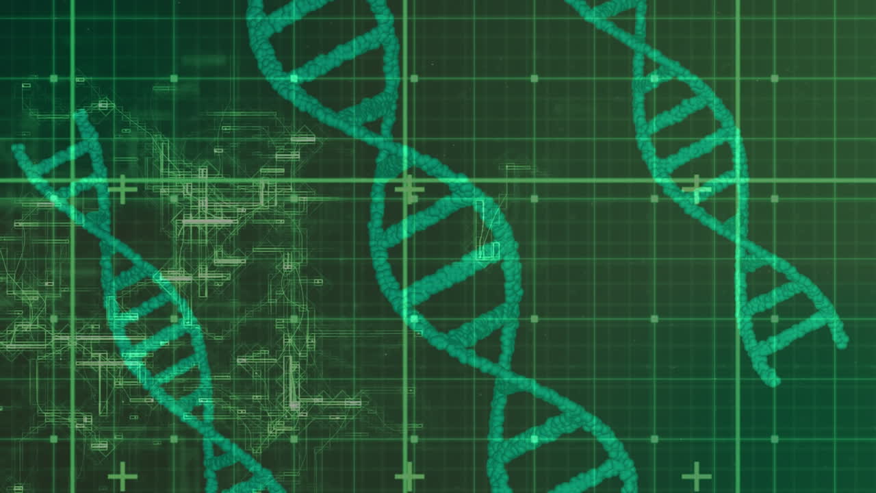 녹색 그리드에 있는 데이터 처리를 회전시키는 dna 가닥의 애니메이션