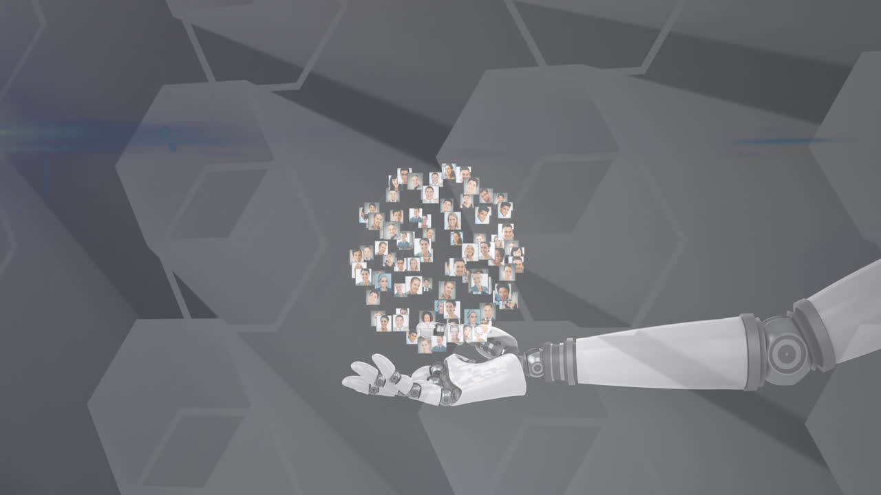 Animation of globe of network of connections with photos of people over robot's arm