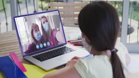 Caucasian-girl-on-laptop-video-chat-wearing-face-mask-at-home