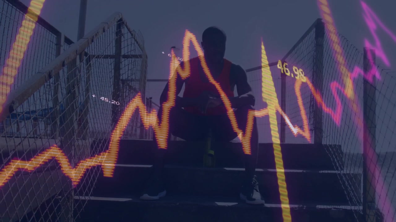 male athlete crouching on outdoor staircase, integrating neon technology graphs displaying trends