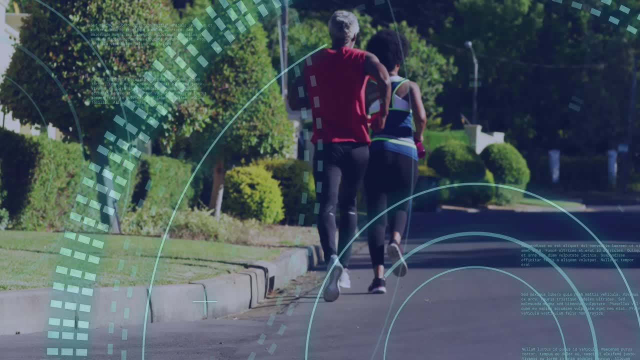Animation of scope scanning over african american couple running, slow motion