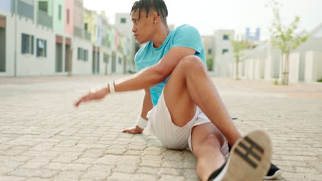 fitness, black man stretching for run