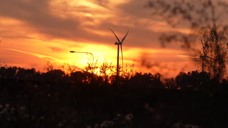 wind turbine standing against a brilliant sunset sky, framed by blurred foreground foliage