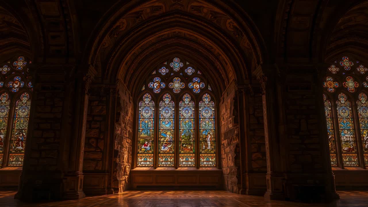 Tilting camera up gothic cathedral to central stained glass window revealing ribbed vaulted ceiling