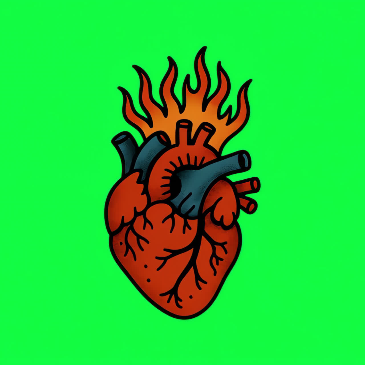 Flaming anatomical heart illustration animation isolated asset, transparent 4K video, alpha channel