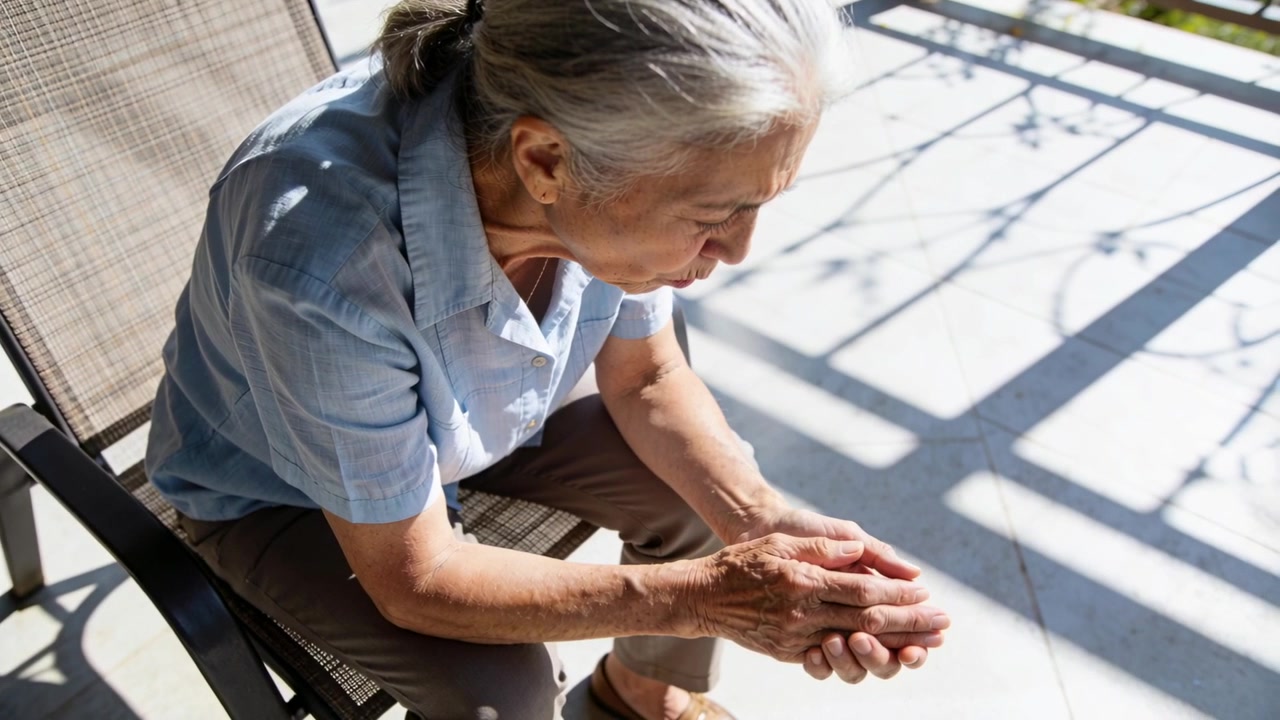 Ispezionando le mani, donna anziana in camicia azzurra che massaggia i palmi sul balcone, con una sedia a rete