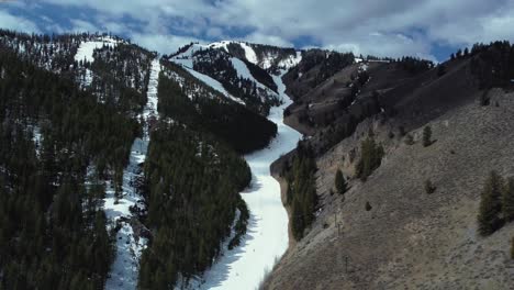 aerial view of ski piste, snowy trail between the mountains in sun valley, idaho