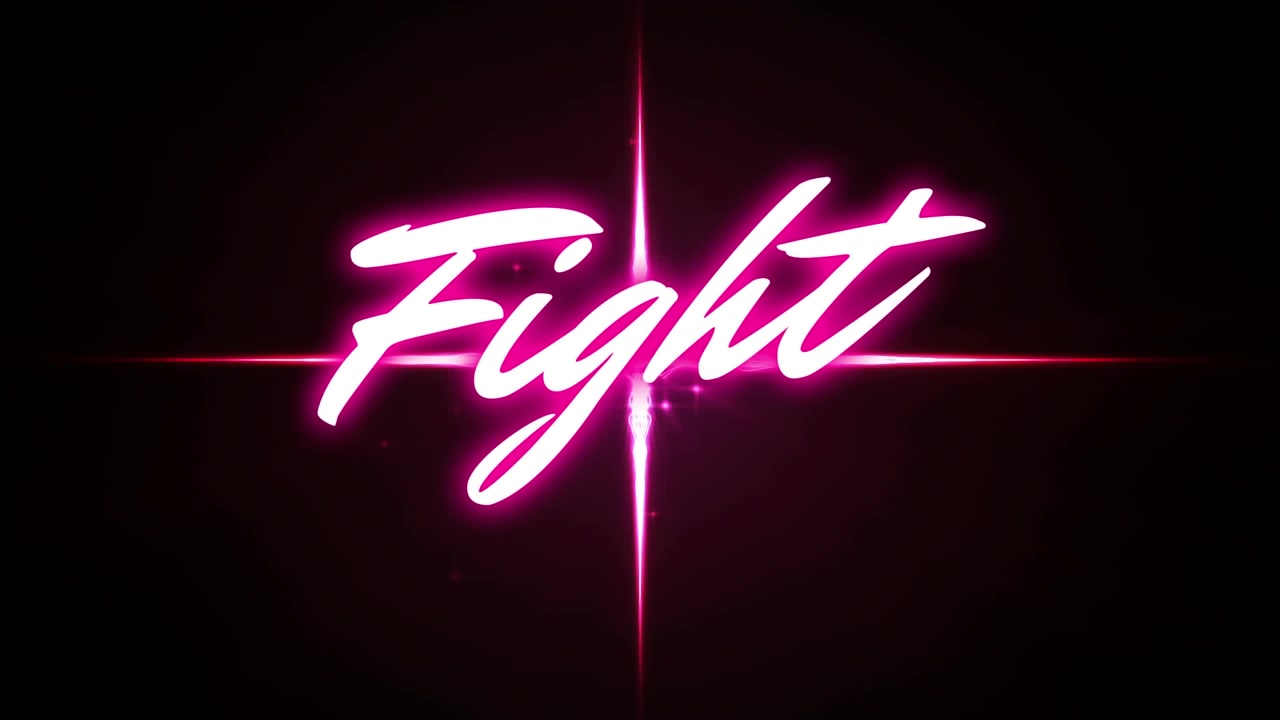 Animazione di testo neon "fight" su una croce luminosa su sfondo nero.