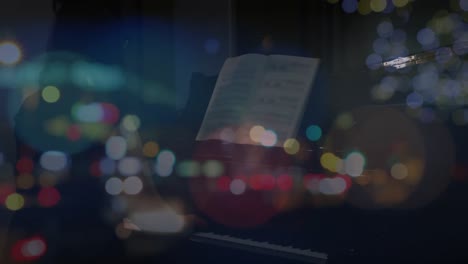 Animation-of-road-at-night-over-caucasian-woman-playing-piano