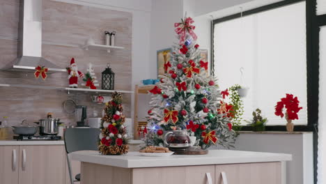 empty xmas decorated kitchen with nobody in it