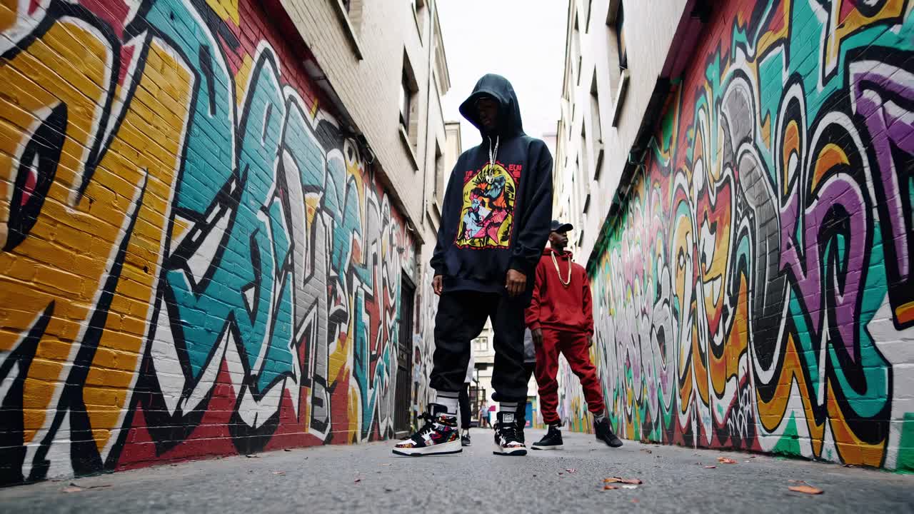 Close-up, low-angle video of vibrant, graffiti-inspired sneakers on an urban street