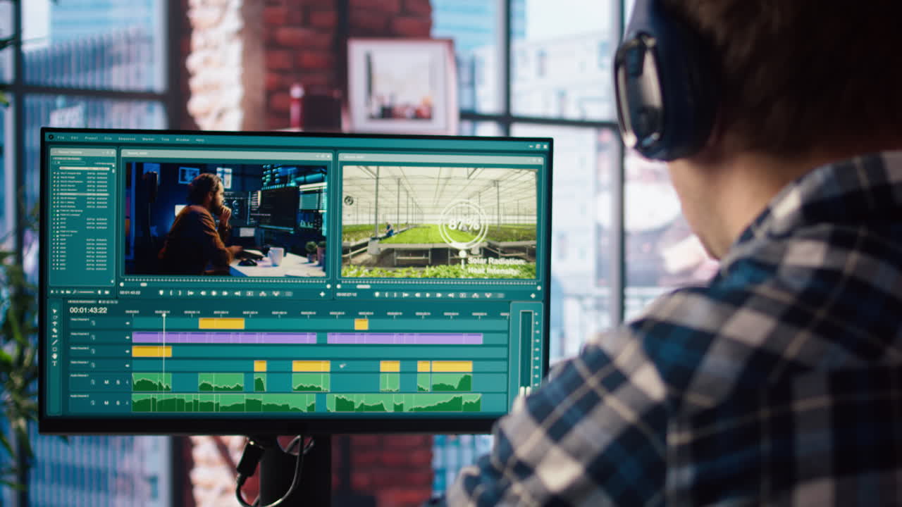 마우스를 사용하여 크로마 키 pc에서 영화 프로젝트 영상을 편집하는 사람