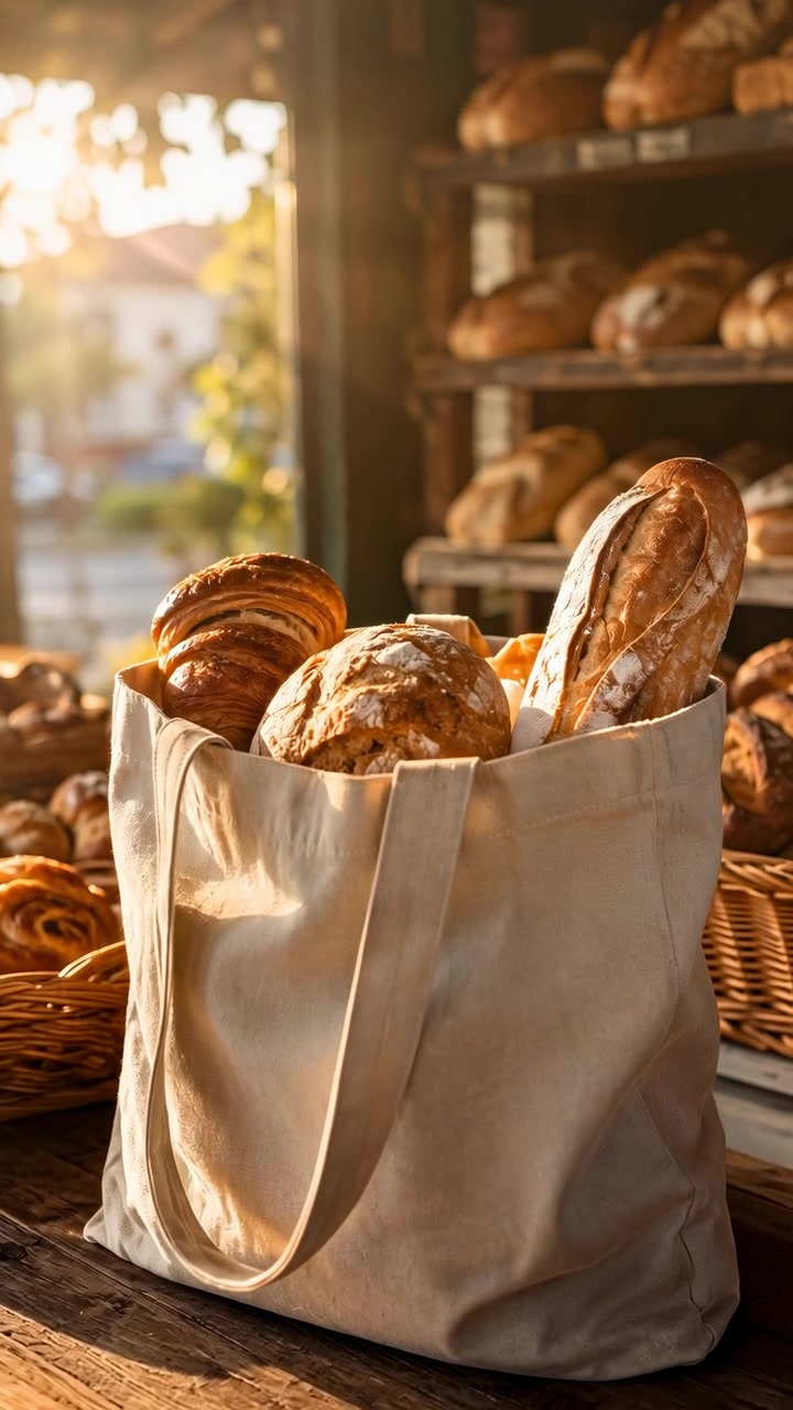 Bread loaves sit in fabric bags on wooden surface as warm light enters bakery interior, highlighting golden crusts, textures, and calm food presentation with rustic surroundings.