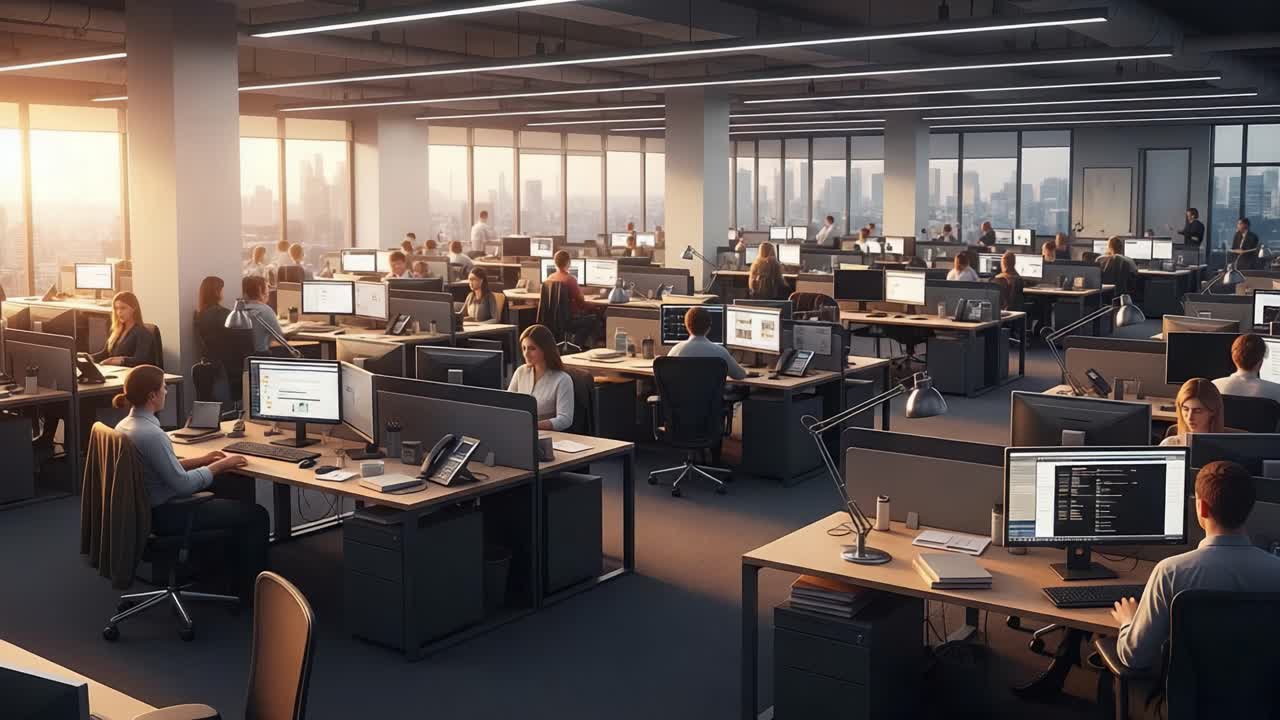 A Dynamic Office Workspace at Sunset: A Collaborative Environment for Productivity and Innovation with Teams Engaged in Work and Technology