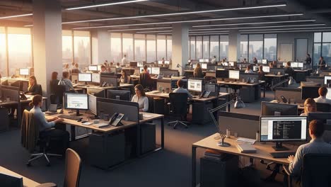 a dynamic office workspace at sunset: a collaborative environment for productivity and innovation with teams engaged in work and technology