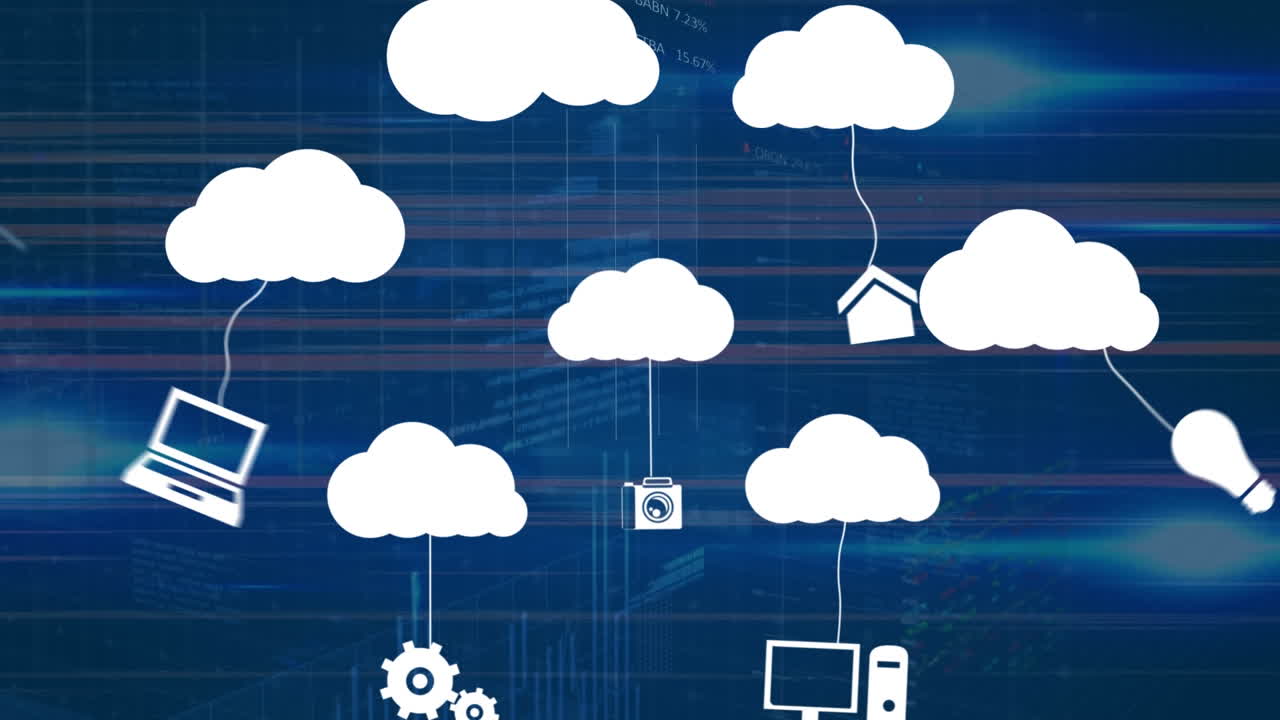 Animation of clouds with media icons and data processing on blue background