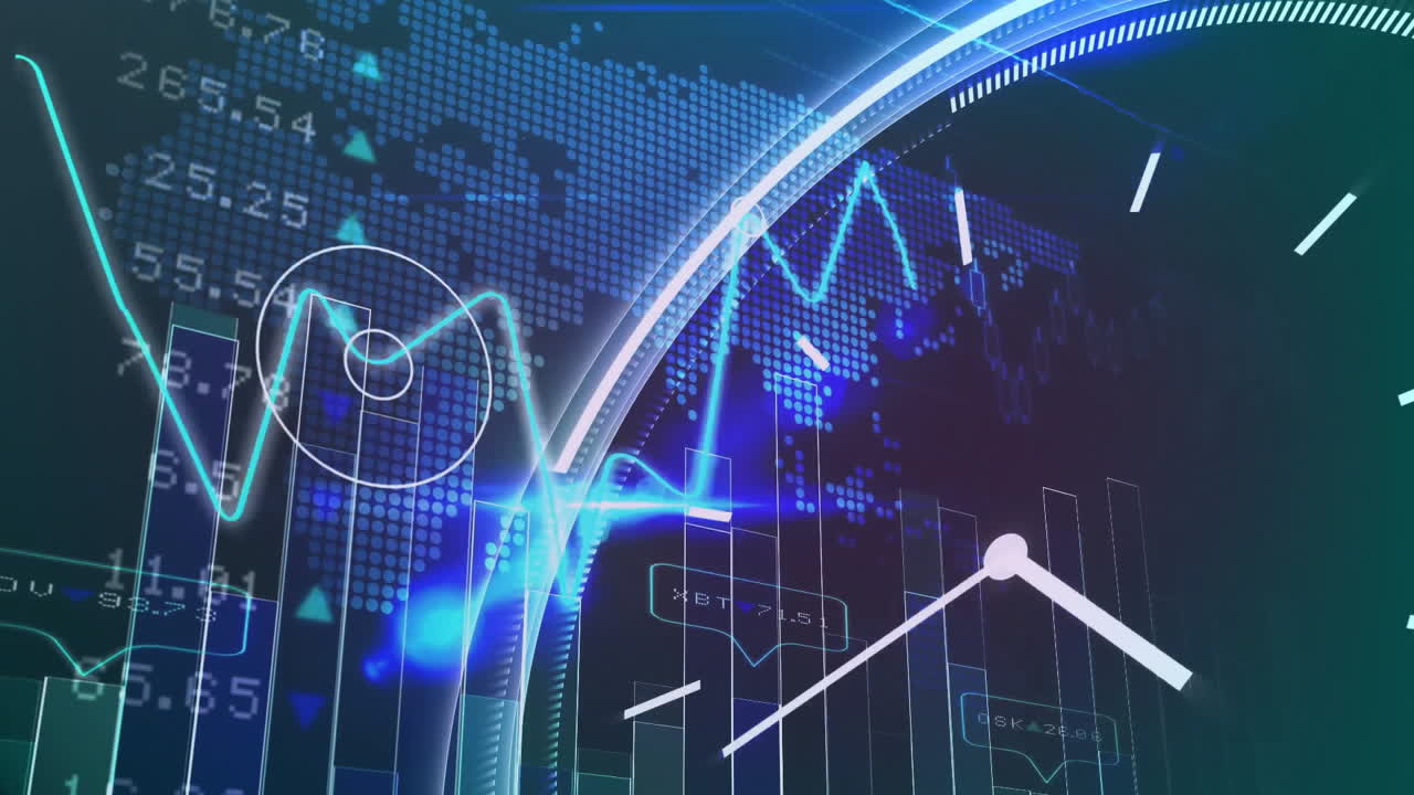 검은색 배경에 데이터 처리 및 세계 지도와 함께 시계의 애니메이션