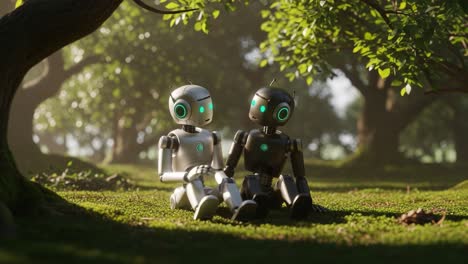 two endearing robots sitting together in a lush green landscape, showcasing a heartwarming moment of friendship and connection amidst nature's beauty