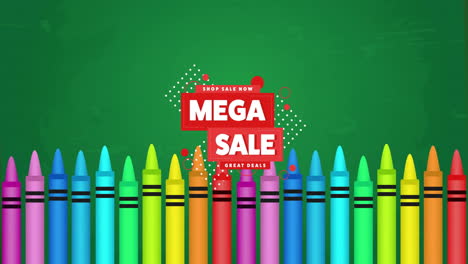 Animation-of-back-to-school-mega-sale-text-over-crayons