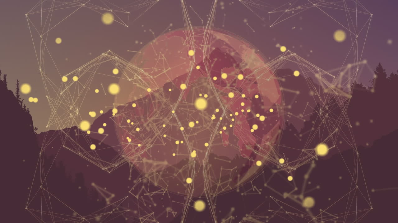 풍경 위에서 회전하는 연결의 지구의 애니메이션