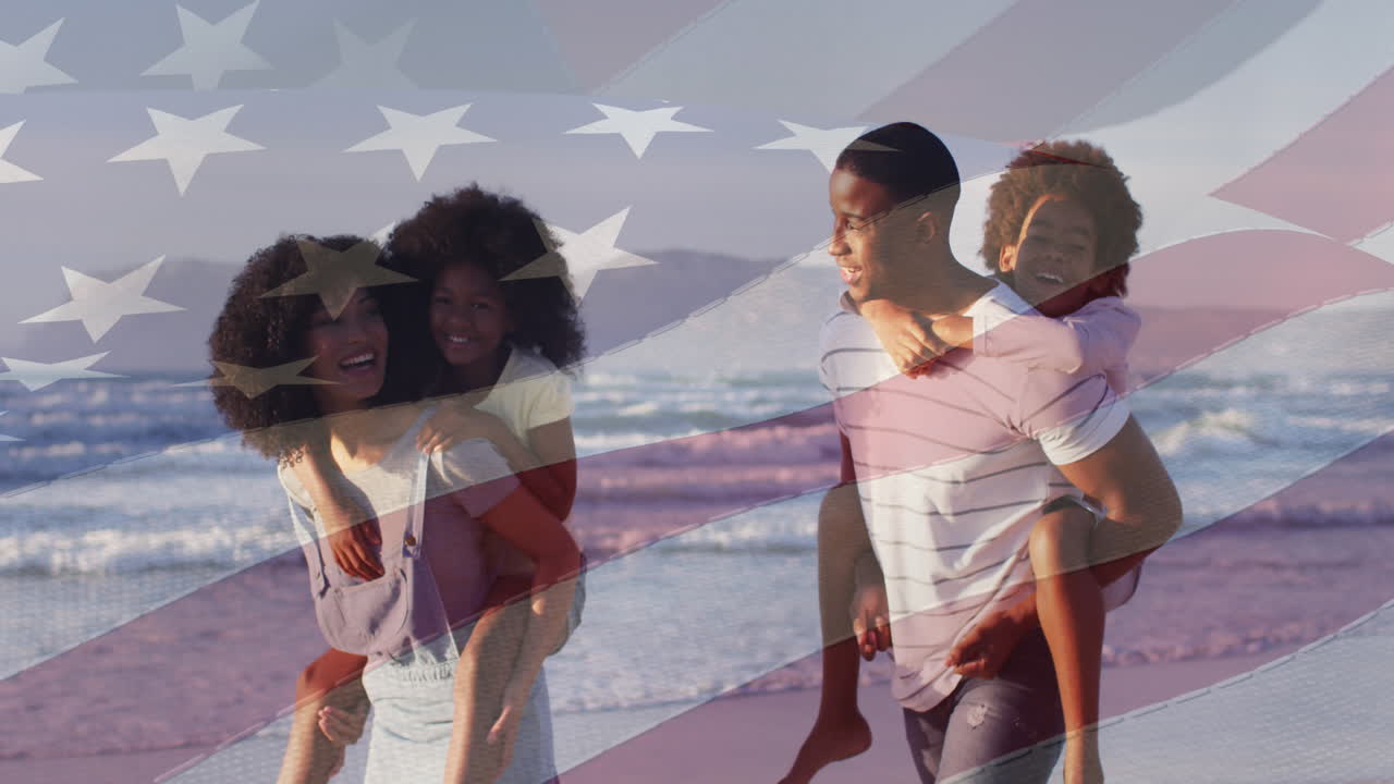 animación de la bandera de los estados unidos sobre una pareja afroamericana con un hijo y una hija en la playa