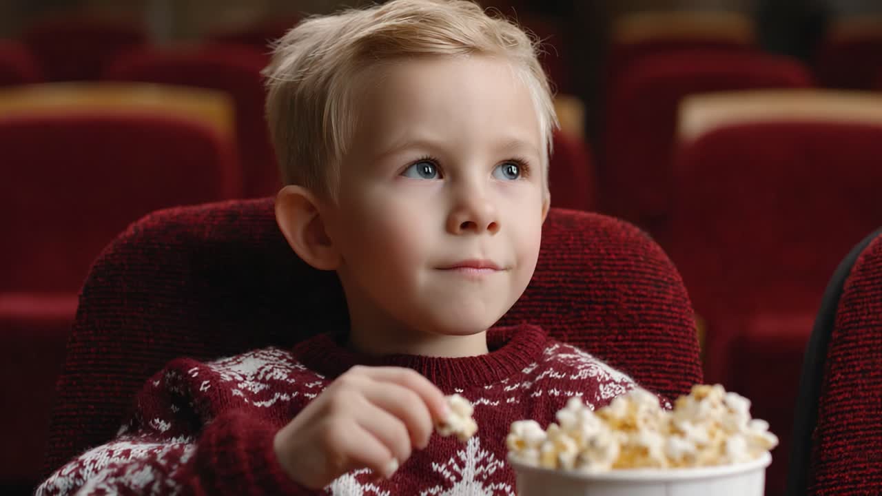 A Young Boy Enjoys a Delicious Bowl of Popcorn While Watching a Movie in a Cinematic Setting, Capturing Moments of Anticipation and Joy