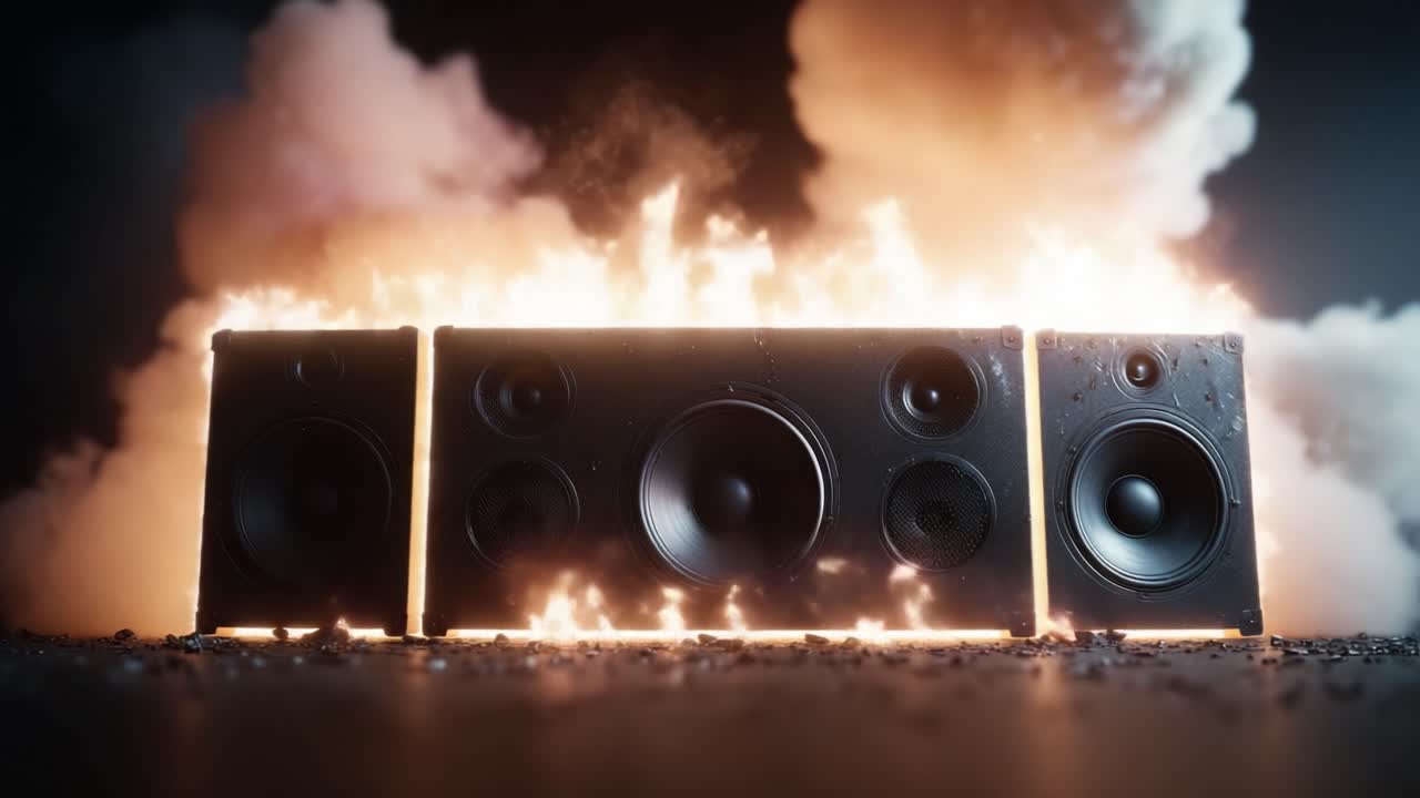 Dynamische Klangexplosion: Ein beeindruckendes Bild von in Flammen gehüllten Lautsprechern, das die kraftvolle Synergie zwischen Klang und Feuer in einer mitreißenden Szene veranschaulicht.